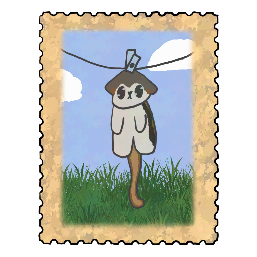 Postage stamp featuring a cat hanging on a clothesline.